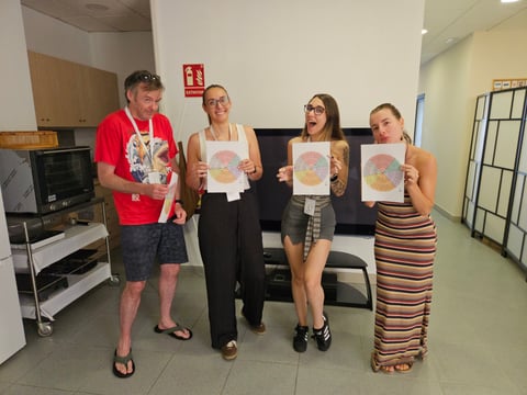 Participantes del taller de juegos de improvisación sosteniendo su rueda de las emociones