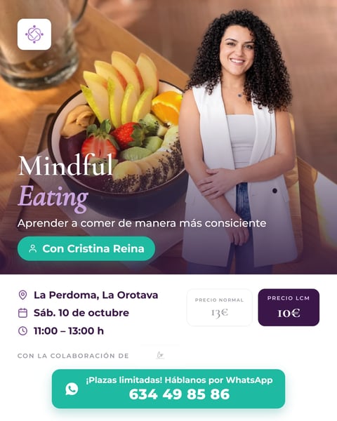 Cartel del taller MindfulEating con la psicóloga Cristina Reina en La Perdoma, La Orotava