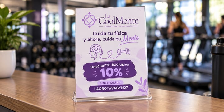 Cartel de La CoolMente en un gimnasio de La Orotava con el descuento exclusivo del 10% para sus clientes