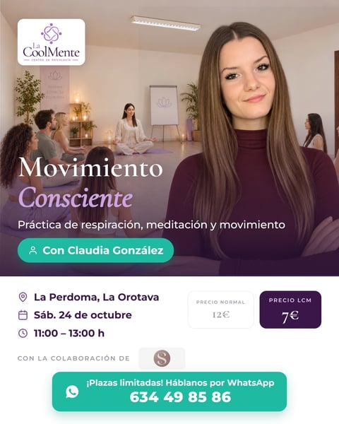 Cartel de Movimiento Consciente con Claudia González: respiración, meditación y movimiento en La CoolMente, La Perdoma, La Orotava, sábado 24 de octubre de 11:00 a 13:00