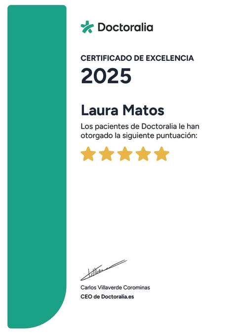 Certificado de Excelencia 2025 de Doctoralia otorgado a Laura Matos, psicóloga en La Orotava