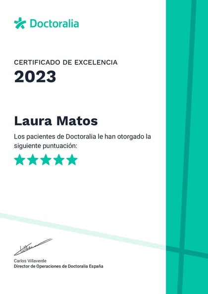 Certificado de Excelencia 2023 de Doctoralia otorgado a Laura Matos, psicóloga en La Orotava