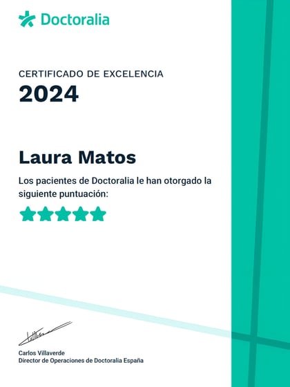 Certificado de Excelencia 2024 de Doctoralia otorgado a Laura Matos, psicóloga en La Orotava